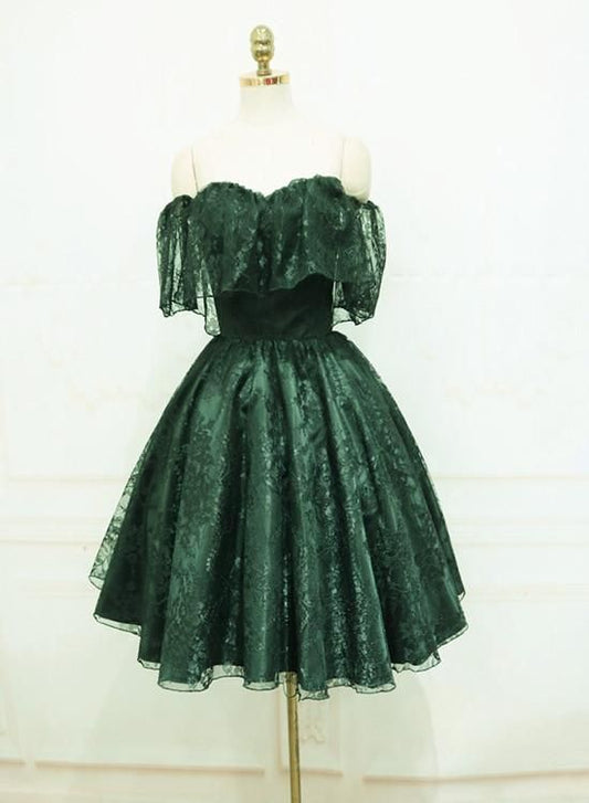 Beautiful Dark Green Lace Off Shoulder Short Party Dress, Lace Homecoming Dress C1097