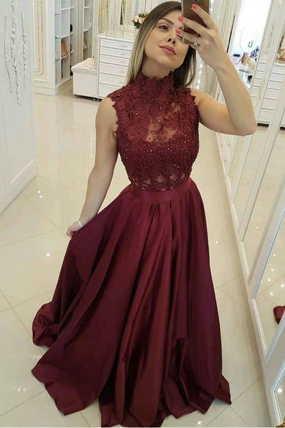 Burgundy High Neck Lace Bodice Princess Floor Length Long Prom Dress C207