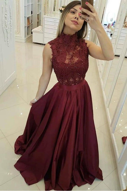 Burgundy High Neck Lace Bodice Princess Floor Length Long Prom Dress C207