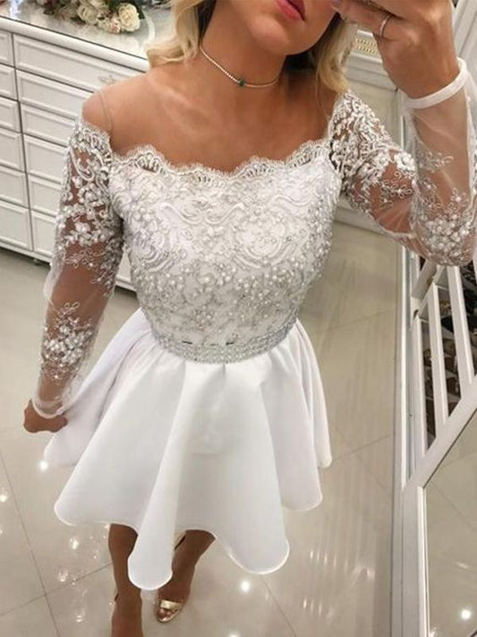 A-Line Off-The-Shoulder Long Sleeve Applique Beading Cut Short/Mini Homecoming Dresses C620
