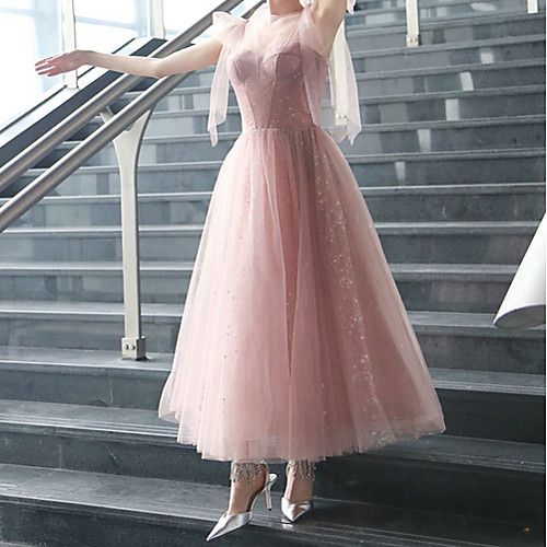 A-Line Empire Sparkle Prom Formal Evening Dress Illusion Neck Sleeveless Ankle Length Tulle with Bow C1473