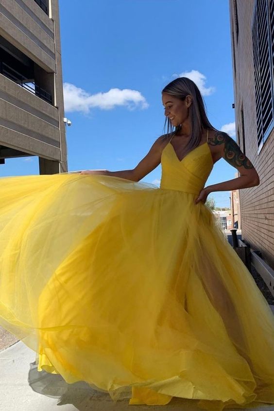 Simple V-Neck Yellow Long Prom Dress  C965