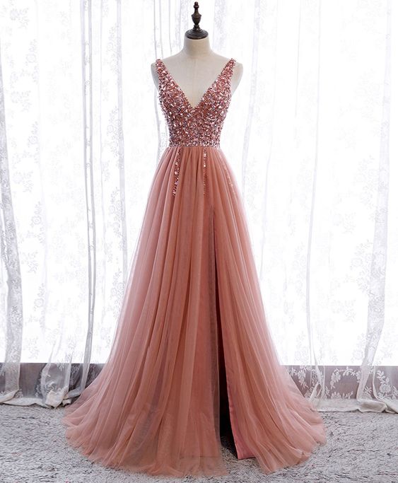 Pink v neck tulle sequin long prom dress pink formal dress C1192