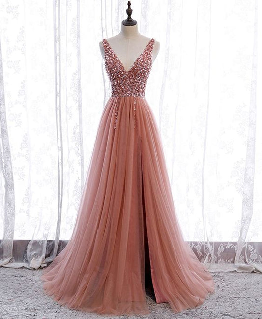 Pink v neck tulle sequin long prom dress pink formal dress C1192