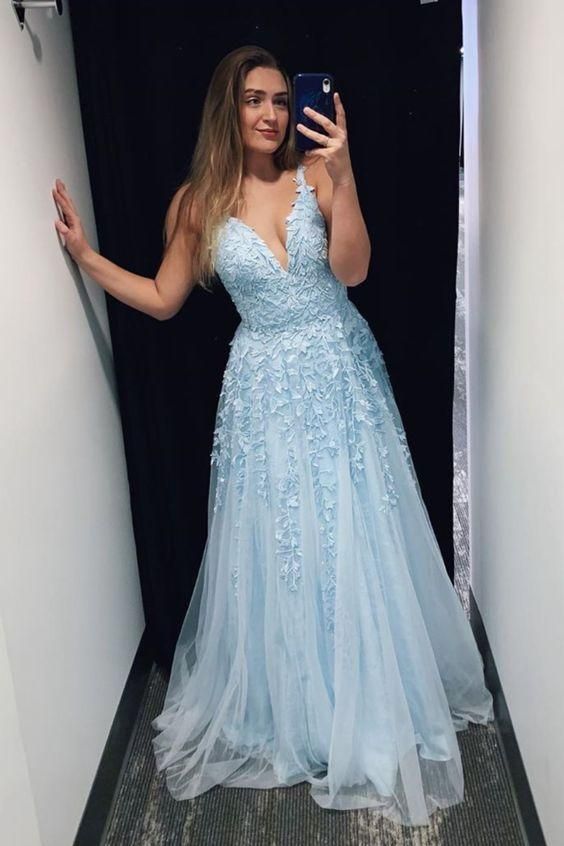 light blue lace A-line long prom dresses formal dresses   C197