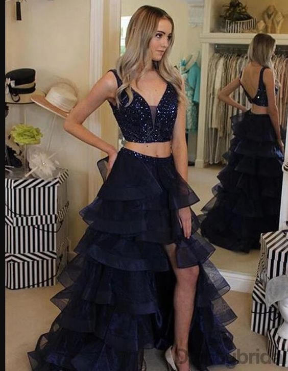 Luxury Beaded Navy Blue Side Slit Two Pieces Prom Dresses A Line Women Prom Gowns C1637