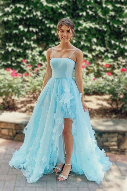 blue long prom dress with spaghetti straps with 3D flowers and Slit  C1007