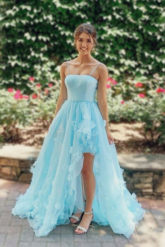 blue long prom dress with spaghetti straps with 3D flowers and Slit  C1007