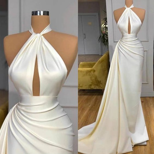 Off white evening dresses long halter satin simple elegant cheap formal party dresses C1293