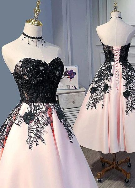 Cute Pearl Pink Tea Length Satin with Lace Applique Party Dress, Homecoming Dress C1665