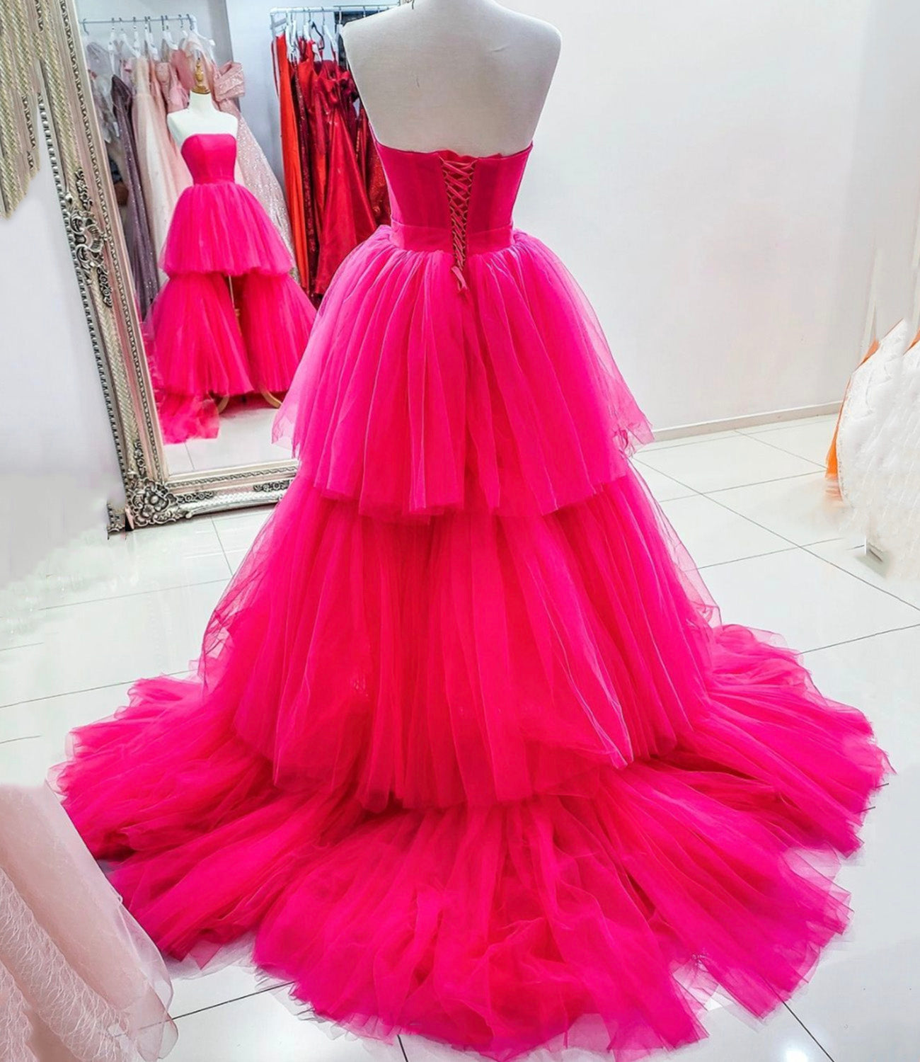 PINK TULLE HIGH LOW PROM DRESS PINK EVENING DRESS C850