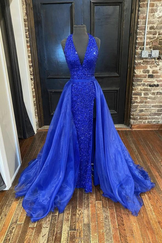 Blue sequins long prom dress mermaid evening dress C1277