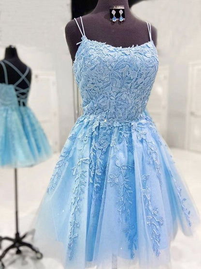 Backless Short Light Blue Lace Homecoming Dresses, Light Blue Lace Formal Graduation Dresses  C1154