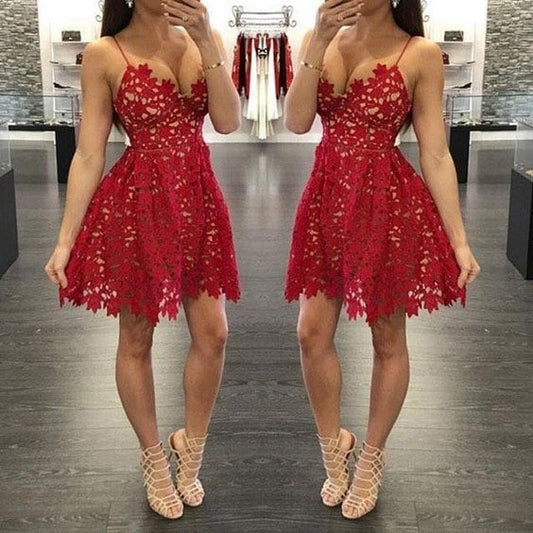 Cute V Neck Red Lace Homecoming Dress, Fashion Girl Dress C1453