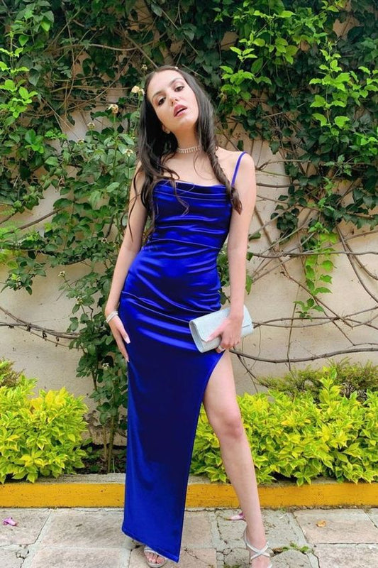 simple straps royal blue long prom dress with slit C932