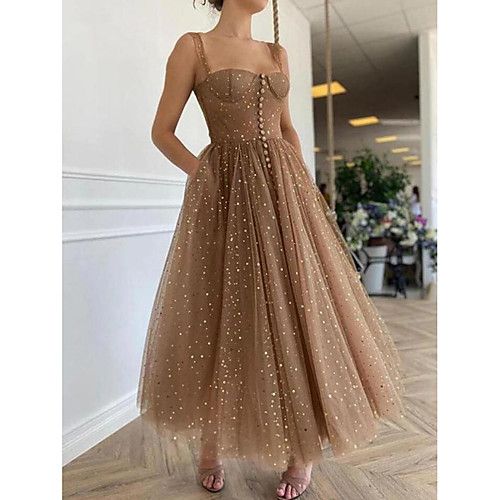 A-Line Elegant Prom Formal Evening Dress Spaghetti Strap Scoop Neck Sleeveless Ankle Length  C1175