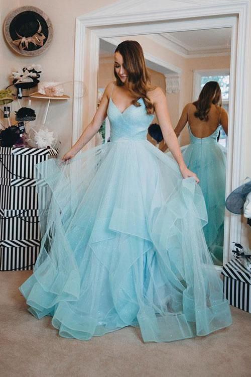 Blue Ruffles Backless Party Dresses Spaghetti Straps Tulle Prom Dresses  C129