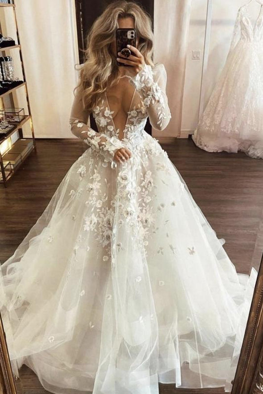 White lace appliqué long prom dress white evening dress C1280