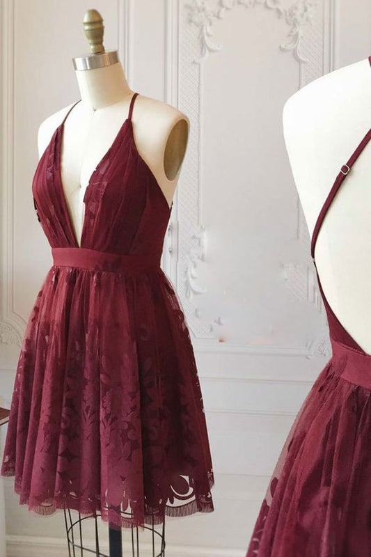 Simple lace v neck tulle short prom dress, homecoming dress C432