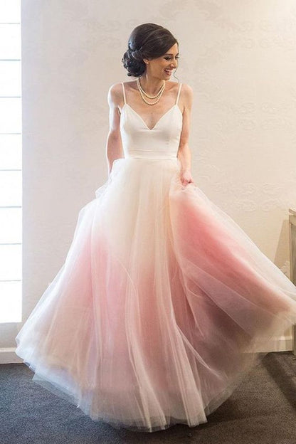 Fashion Spaghetti Strap Pink Ombre Tulle Elegant Long Prom Dress C1224