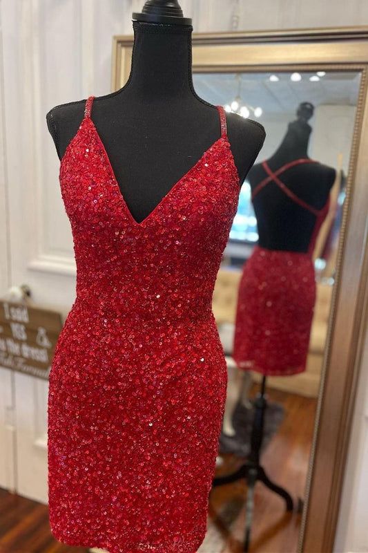 Tight V-Neck Red Mini Party Dress C796