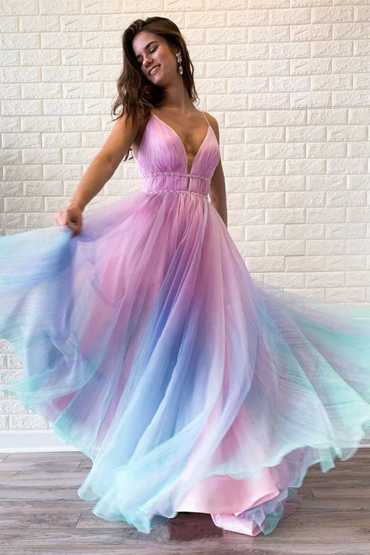 Chic Ombre Spaghetti Straps V Neck Beaded Graduation Gowns, Long Prom Dresses C332