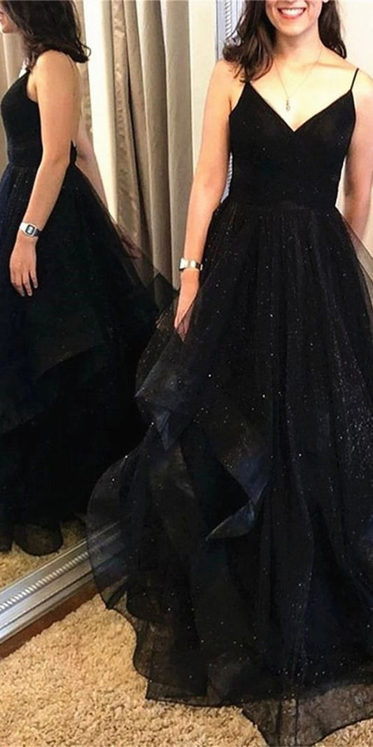 A Line V Neck Black Backless Prom Dresses  C1117