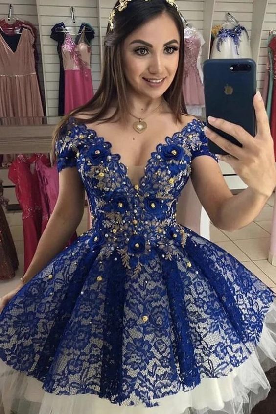 Cute Lace Royal Blue Homecoming Dress, Cap Sleeves Sweet 16 Dress With Beaded C646