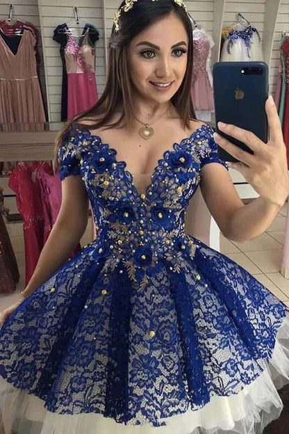 Cute Lace Royal Blue Homecoming Dress, Cap Sleeves Sweet 16 Dress With Beaded C646