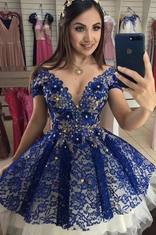 Cute Lace Royal Blue Homecoming Dress, Cap Sleeves Sweet 16 Dress With Beaded C646
