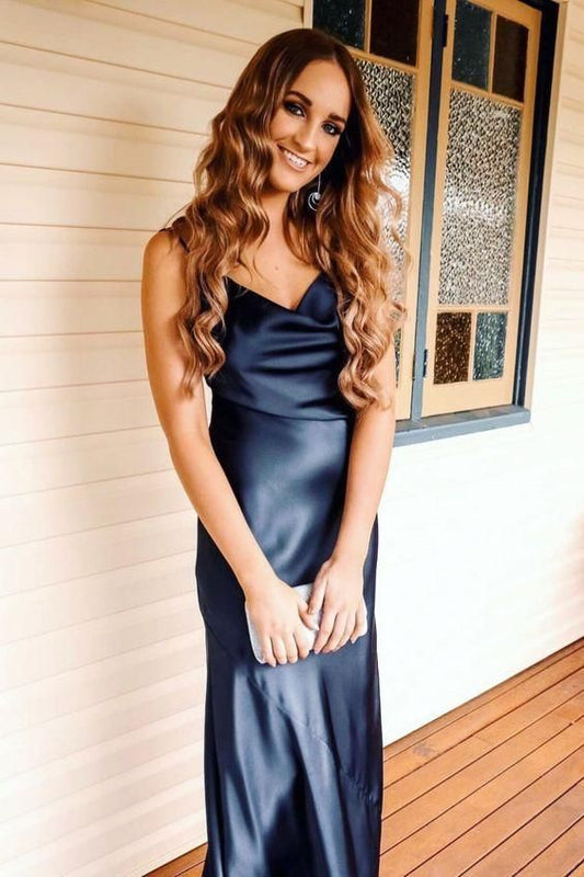 Navy blue prom dress with straps  C934