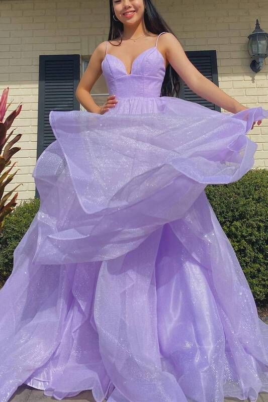 Princess Lavender Tiered Spaghetti Straps Long Prom Dress  C1497