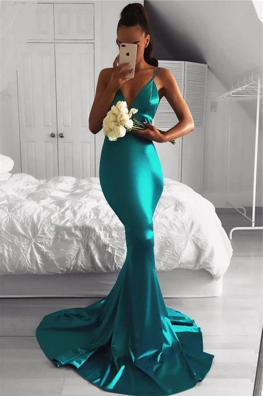 Sexy Jade Mermaid Sweetheart Elastic Satin Backless Long Prom Dresses C304