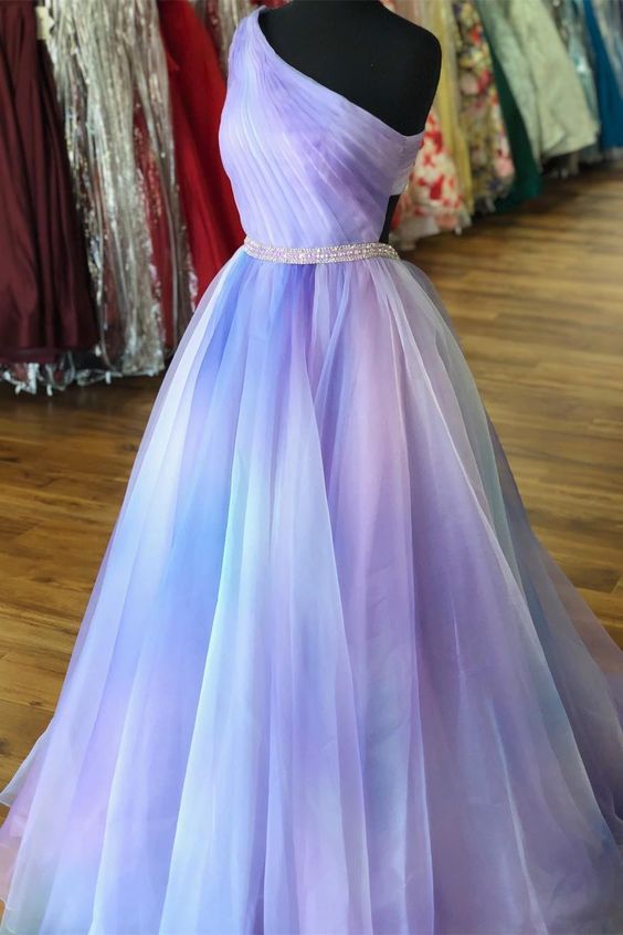 purple ombre one shoulder tulle long prom dress with beaded sash C395