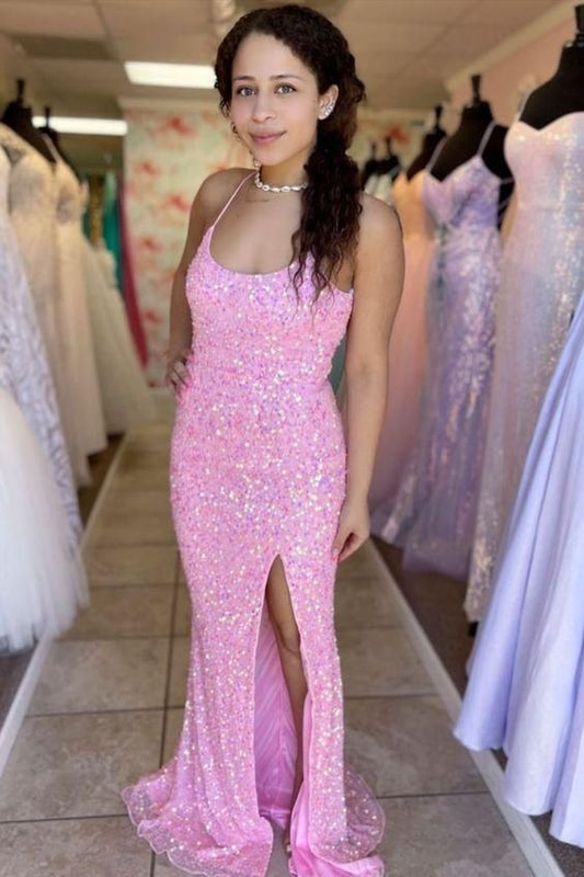 Spaghetti Straps Pink Sequins Mermaid Prom Dress C921