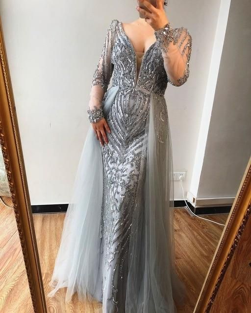 Plus size sequined long sleeves beading prom dress C465