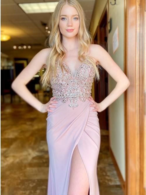 Elegant Sheath V Neck Blush Pink Satin Long Prom Evening Dresses with Beading  C1351