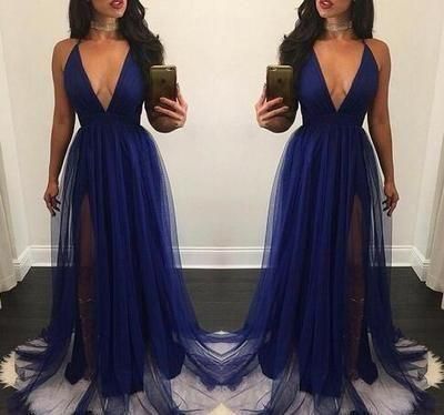 Royal Blue Long Prom Dresses Simple Sexy Deep V-Neck Side Split Formal Party Dress C905