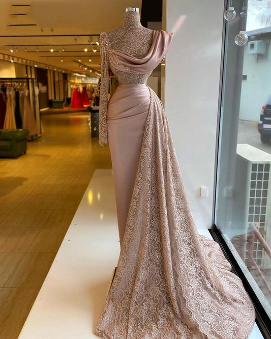 Lace prom dresses, high neck prom dresses, elegant prom dresses, fashion party dresses, arabic prom dresses C1065