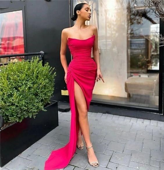 Newest Sleeveless Side Slit Spandex Satin Mermaid Prom Dress C694
