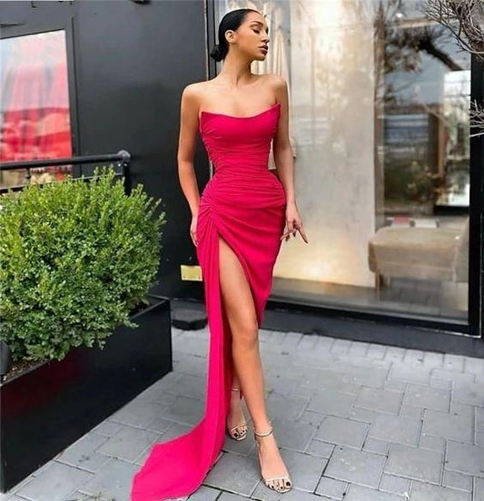 Newest Sleeveless Side Slit Spandex Satin Mermaid Prom Dress C694