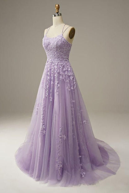 Straps Long Prom Dress with Lace Appliques C384
