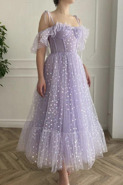 Purple tulle short A line prom dress evening dress C1321
