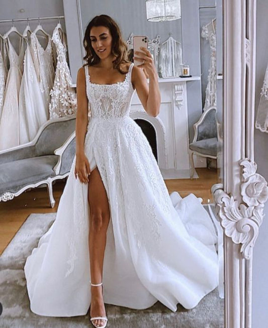 Gorgeous Square Neck Split Mermaid Prom Dresses with Appliques  C625