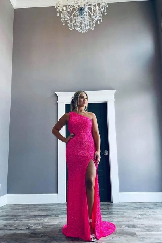 one shoulder hot pink sequined long prom dress with slit  C1019