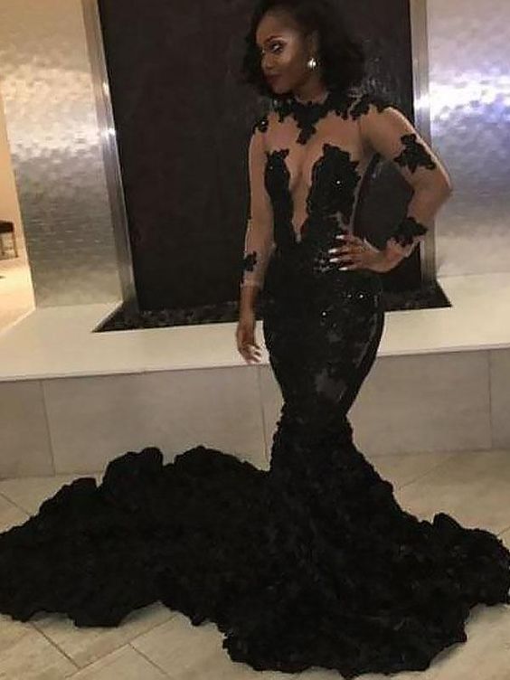 Sexy Black Mermaid See Through Long Train Long Sleeves Ruffles Prom Dresses C178