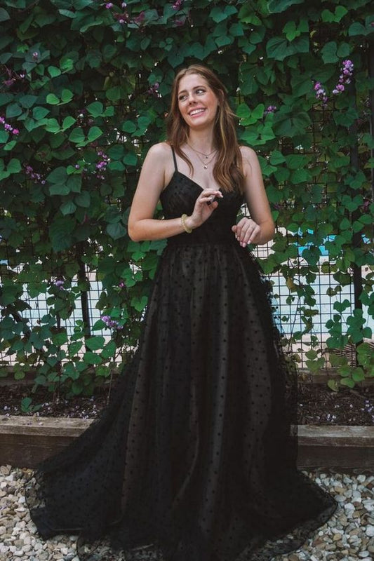 elegant black long prom dress with polka dot C937