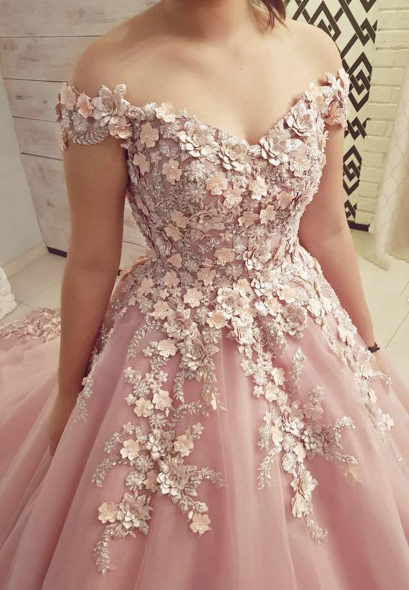 Pink tulle appliqué long ball gown dress formal dress C1348