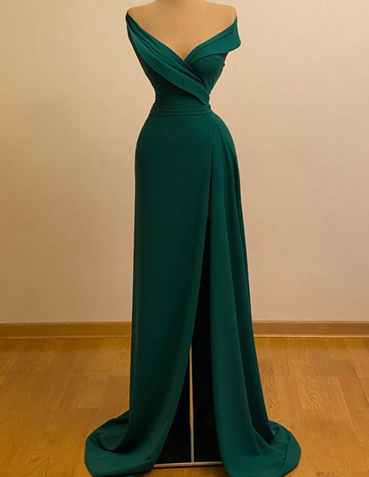 Long Green Chiffon Party Dress Sexy V Neck Off The Shoulder Split Front Prom Dresses C1197
