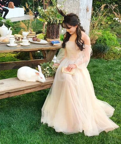 Champagne tulle long prom dress, champagne tulle evening dress  C1608